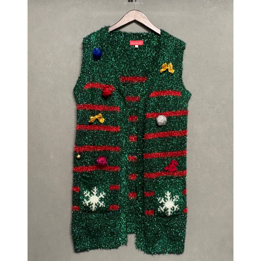 Blizzard Bay Metallic Green Ugly Christmas Tree Cardigan Dress Size S